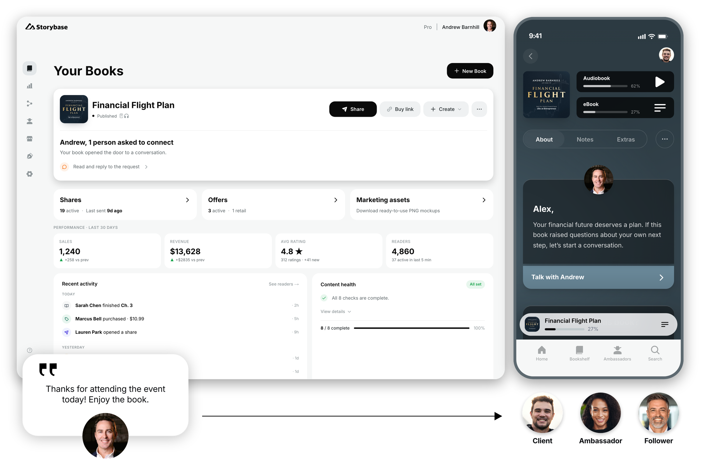 Andrew Barnhill’s Financial Flight Plan in Storybase: author dashboard, reader experience, and personal sharing. Illustrative account activity.