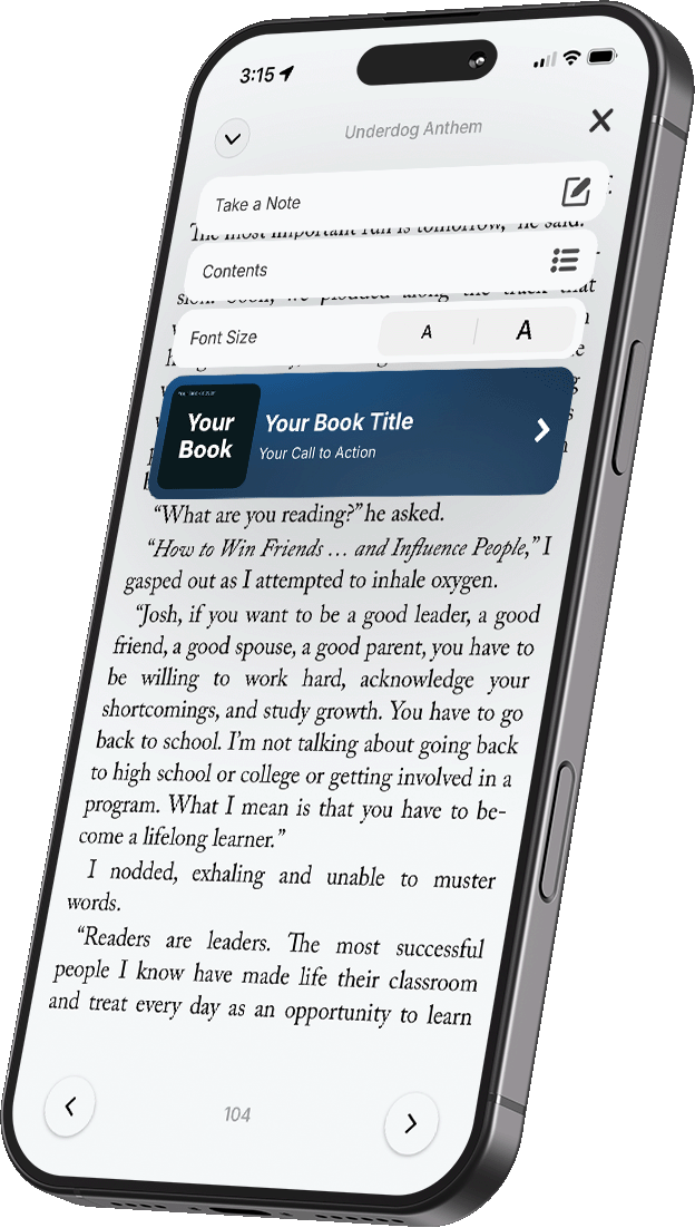 The Storybase reader with an author's call to action inside the book